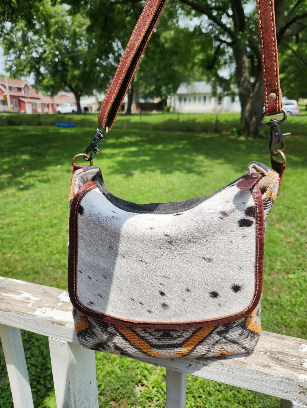 Myra Western Calves Hair Aztec Design Crossbody Shoulders Euc